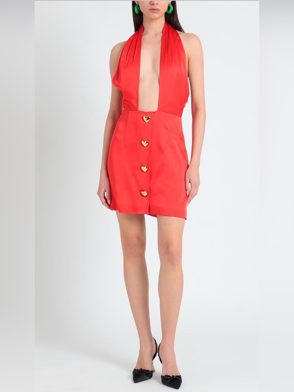 Moschino Couture! Red Satin Halter Dress Gold Heart Buttons US 8 - Picture 2 of 12